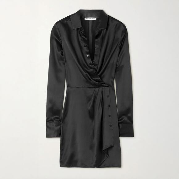 REFORMATION NWT Alaine 100% Silk Satin Wrap Mini Dress in Black Size 14 - Picture 1 of 16